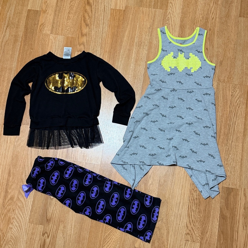 Girls Batman sweater and Lego Batman handkerchief dress
